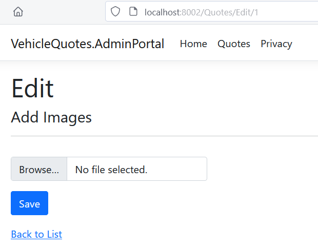 The VehicleQuotes.AdminPortal webpage. There is now only one empty file selection form.