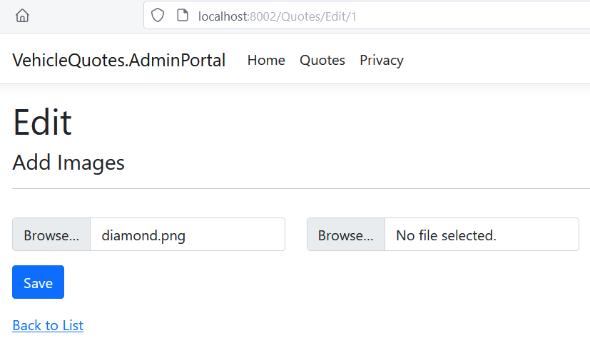 The VehicleQuotes.AdminPortal webpage. One file selection form has “diamond.png” selected, and there is now one other form with no file selected.