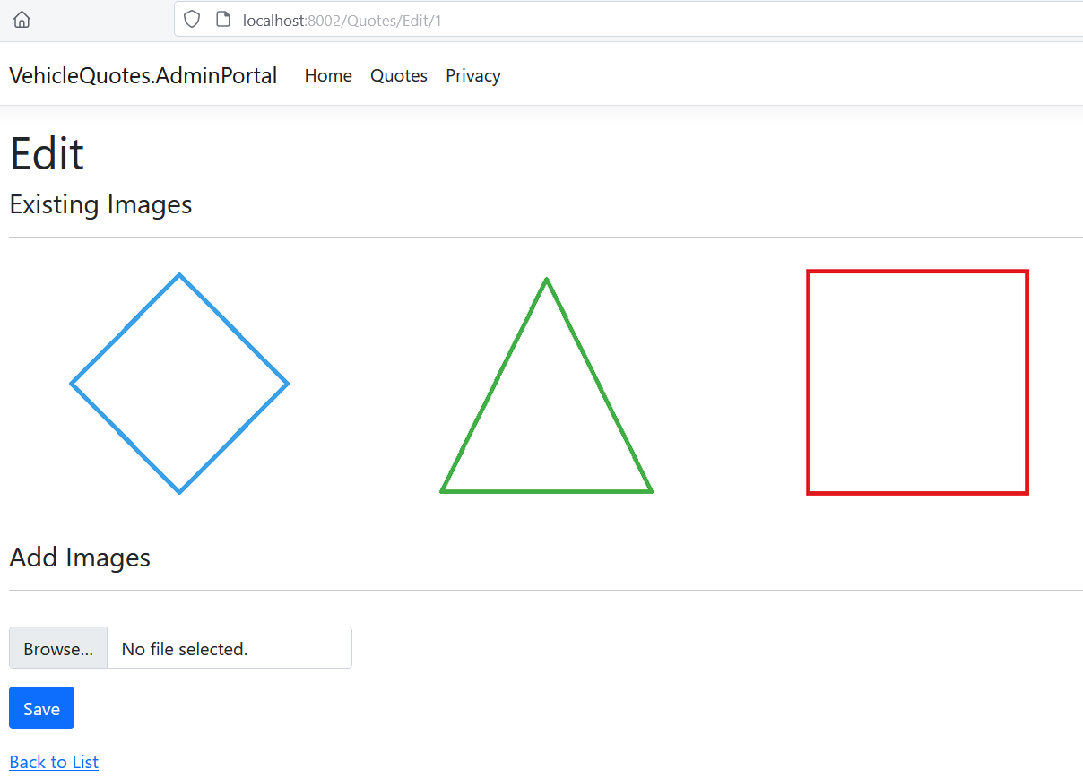 The VehicleQuotes.AdminPortal webpage. There is now a section reading “Existing images”. Below, three images are displayed (a diamond, triangle, and rectangle). Below is the Add images section.