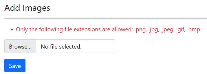 The VehicleQuotes.AdminPortal webpage. Above the file selection input is a red bulleted message reading “Only the following file extensions are allowed: .png, .jpg, .jpeg, .gif, .bmp.”