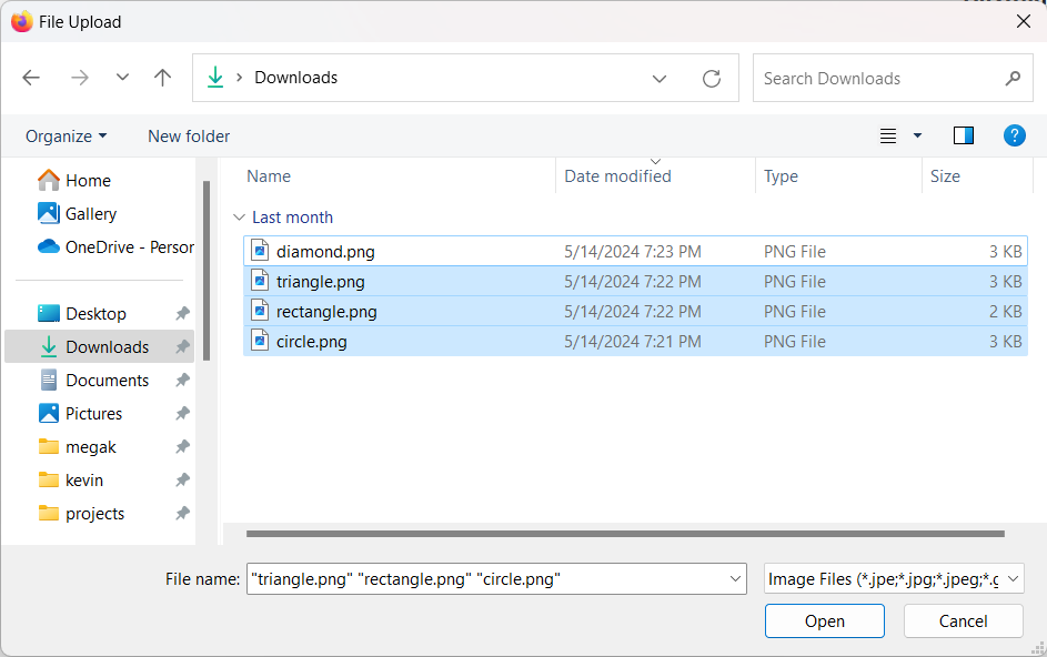 The Windows system file picker dialog, with three out of four images selected in the open folder. To the right of the “file name” box, which displays the names of the three selected files, there is a dropdown menu reading “Image files (\*.jpe;\*.jpg,\*.jpeg,…)”.