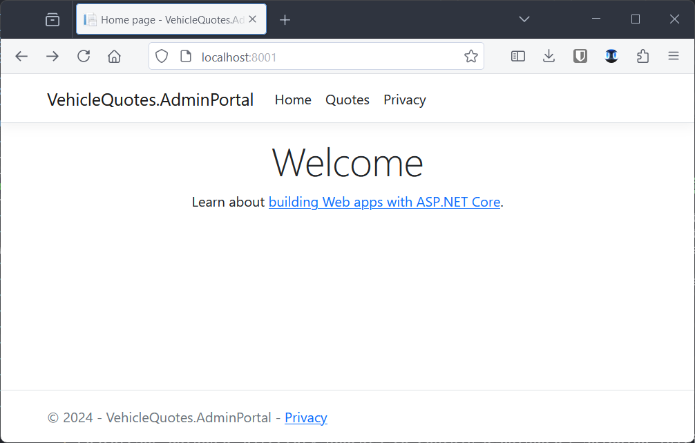 The Admin Portal homepage, shown in a browser at http://localhost:8001. An app bar reads “VehicleQuotes.AdminPortal”, with links reading “Quotes” and “Privacy”. A generic “Welcome” message is displayed.