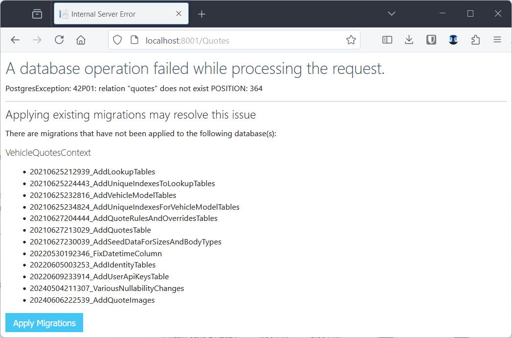 The admin portal quotes page displaying an error: “A database operation failed while processing the request.”