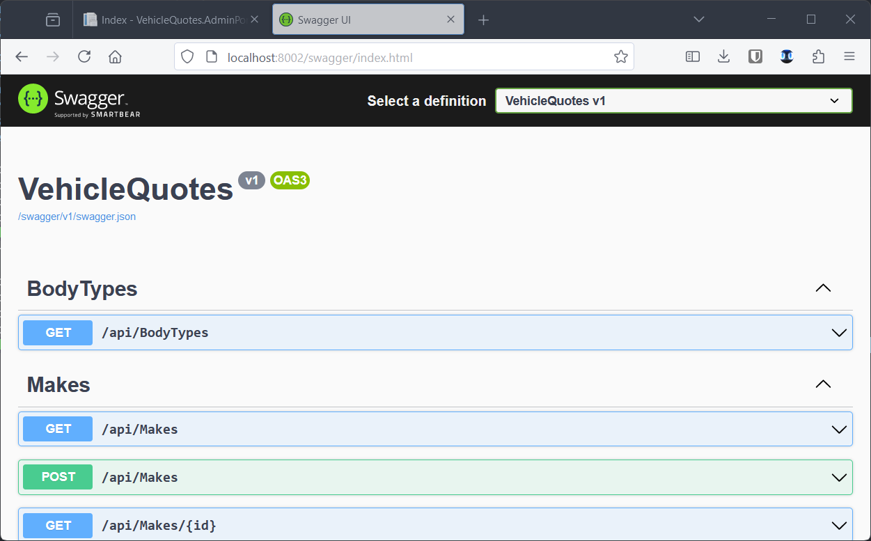 The web API. In the Swagger app bar is a dropdown labeled “select a definition”. In the main page are dropdowns for “BodyTypes” and “Makes”. Under the first is an expandable list item reading “GET /api/BodyTypes”. Under Makes are three expandable items reading “GET /api/Makes,” “POST /api/Makes”, and “GET /api/Makes/{id}”.