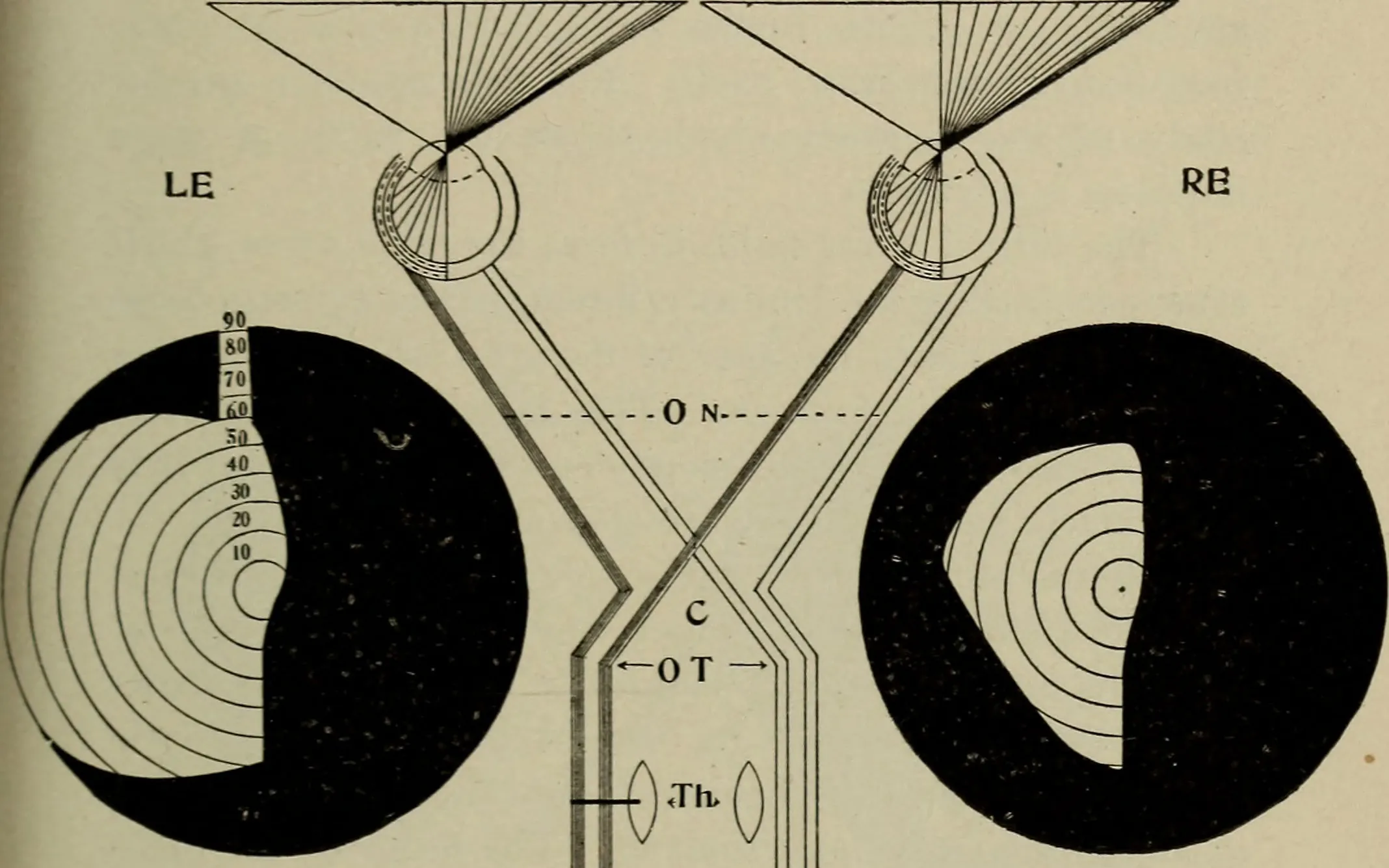 Two black circles are broken by irregularly shaped cutouts showing concentric circles beneath, some of which are labeled. There are geometric shapes in between the circles, showing some kind of diagram.