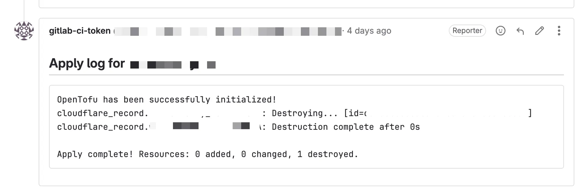 The screenshot shows a tofu apply log entry in merge request. The log entry reports apply action by OpenTofu, indicating it used selected providers to apply the above generated plan.