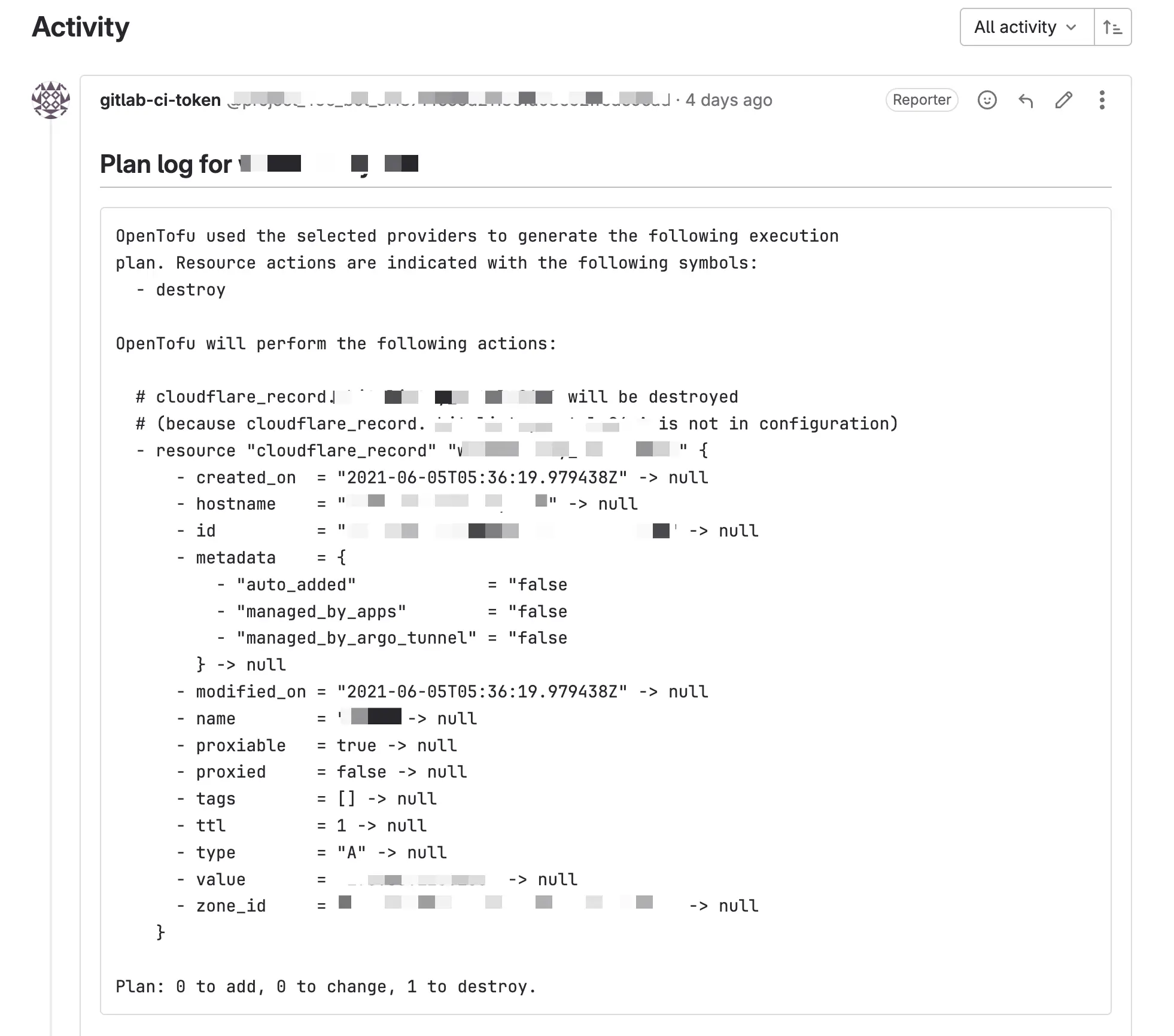 The screenshot shows a plan log entry in merge request. The log entry reports actions by OpenTofu, indicating it used selected providers to generate an execution plan.