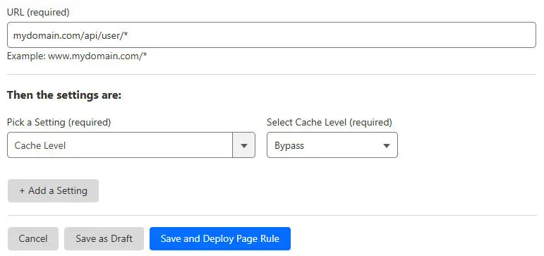 Adding a rule to enforce a cache bypass on the user-dependent API endpoints. The dialog is the same as the previous image.