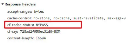 The Response headers viewed in Dev Tools. The cf-cache-status header is highlighted, with the value “BYPASS”.