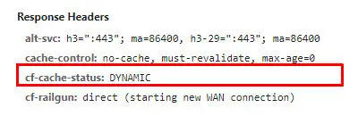 The response headers in Chrome DevTools show that Cloudflare is tagging the content as “DYNAMIC”.