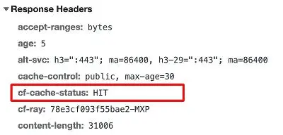 The Response headers viewed in Dev Tools. The cf-cache-status header is highlighted, with the value “HIT”.