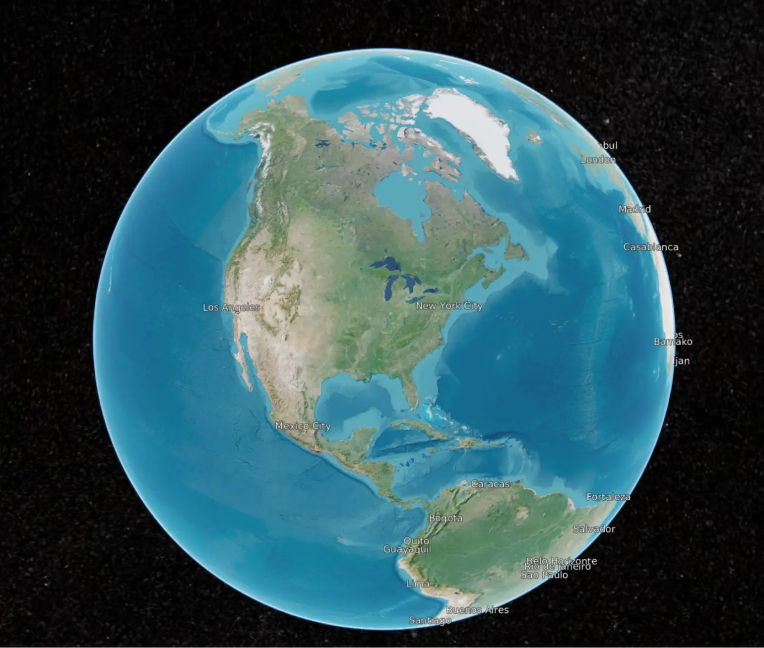 Satellite imagery on a globe. There are labels on some of the biggest cities on the globe, such as Los Angeles, New York City, Bogota, etc.