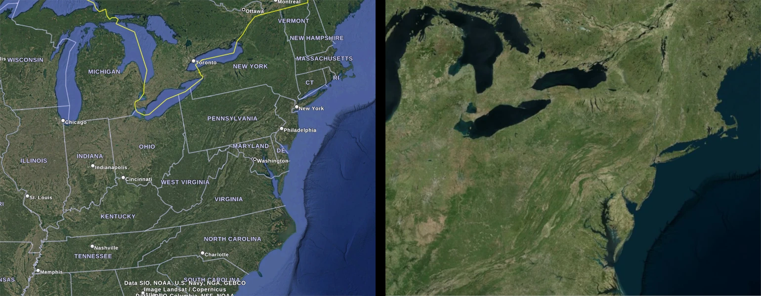 A side-by-side view of satellite imagery of the northeastern United States. On the left, there are state labels and state lines, with some large cities marked. On the right, there are no markings, just the satellite imagery.