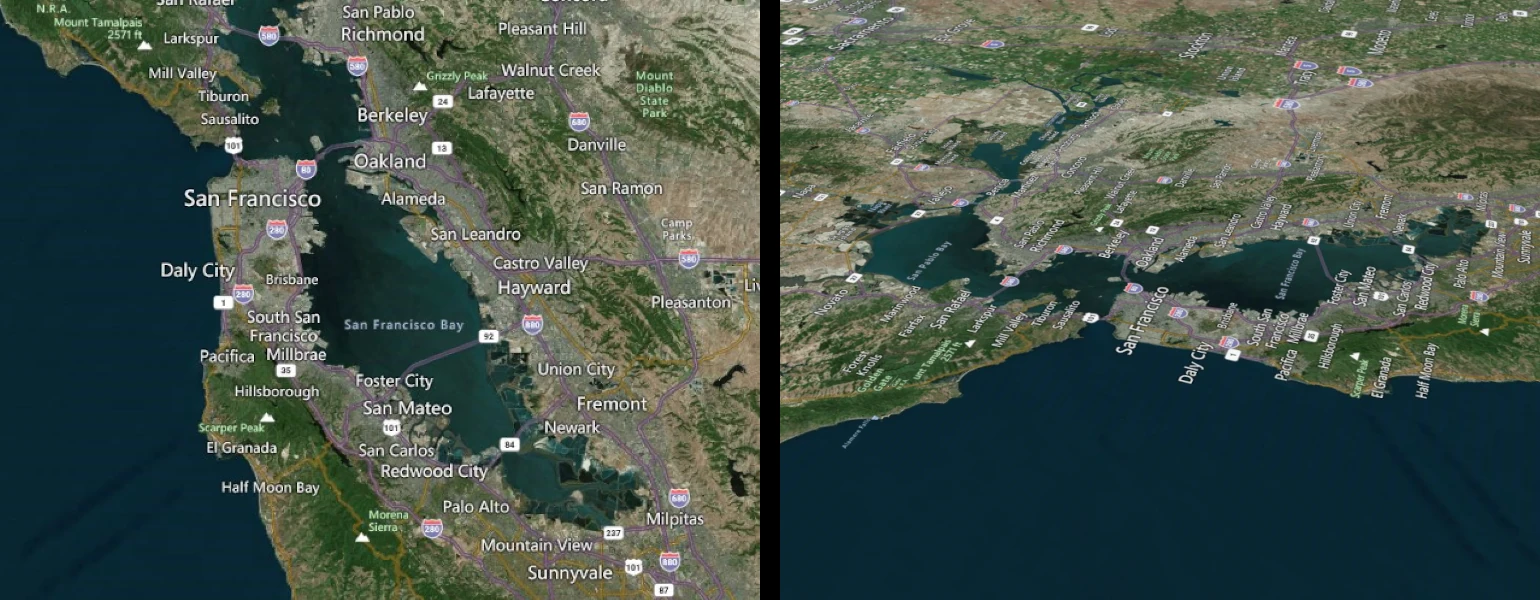 A side-by-side comparison of satellite imagery. There are labels for major roads and cities. On the left, these look normal as one would expect on a map, while on the right, the view has been tilted up to a higher angle, and the labels have been tilted as well, making them unreadable.