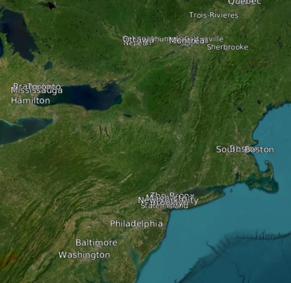 The northeastern United States, with labels on the largest cities. Most labels overlap with several others close by, while there are large areas with no labels at all.