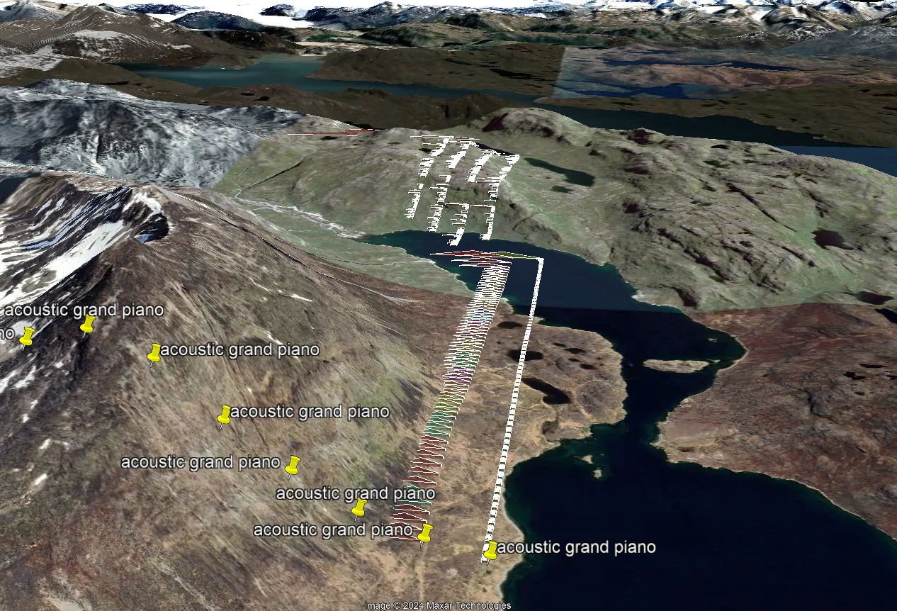 A 3D globe visualization at an oblique angle, with hills, lakes, and mountains, with several pins in the foreground reading “acoustic grand piano”. There are extruded triangles which are green and red extending away from the viewpoint, regularly spaced in multiple straight lines, and varying in size.