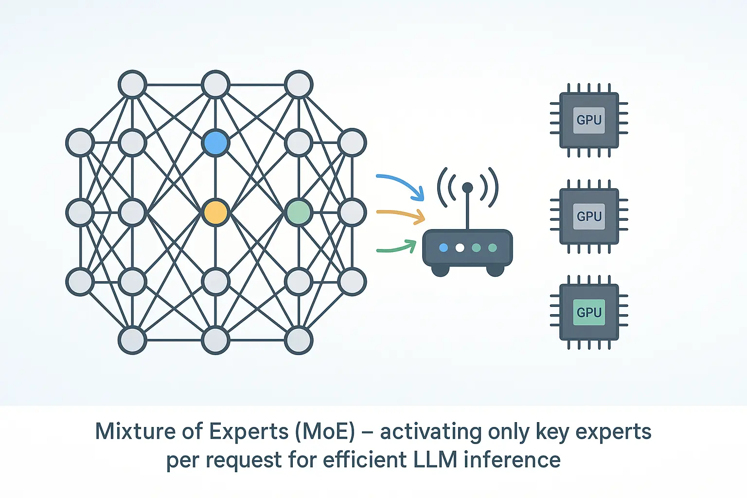 Illustration of a neural network with three highlighted experts (blue, yellow, and green) and three arrows matching the three different-colored nodes pointing to a router, which has one blue dot, two green dots, and one grey dot. To the right are three GPU icons, one of which is highlighted in green.