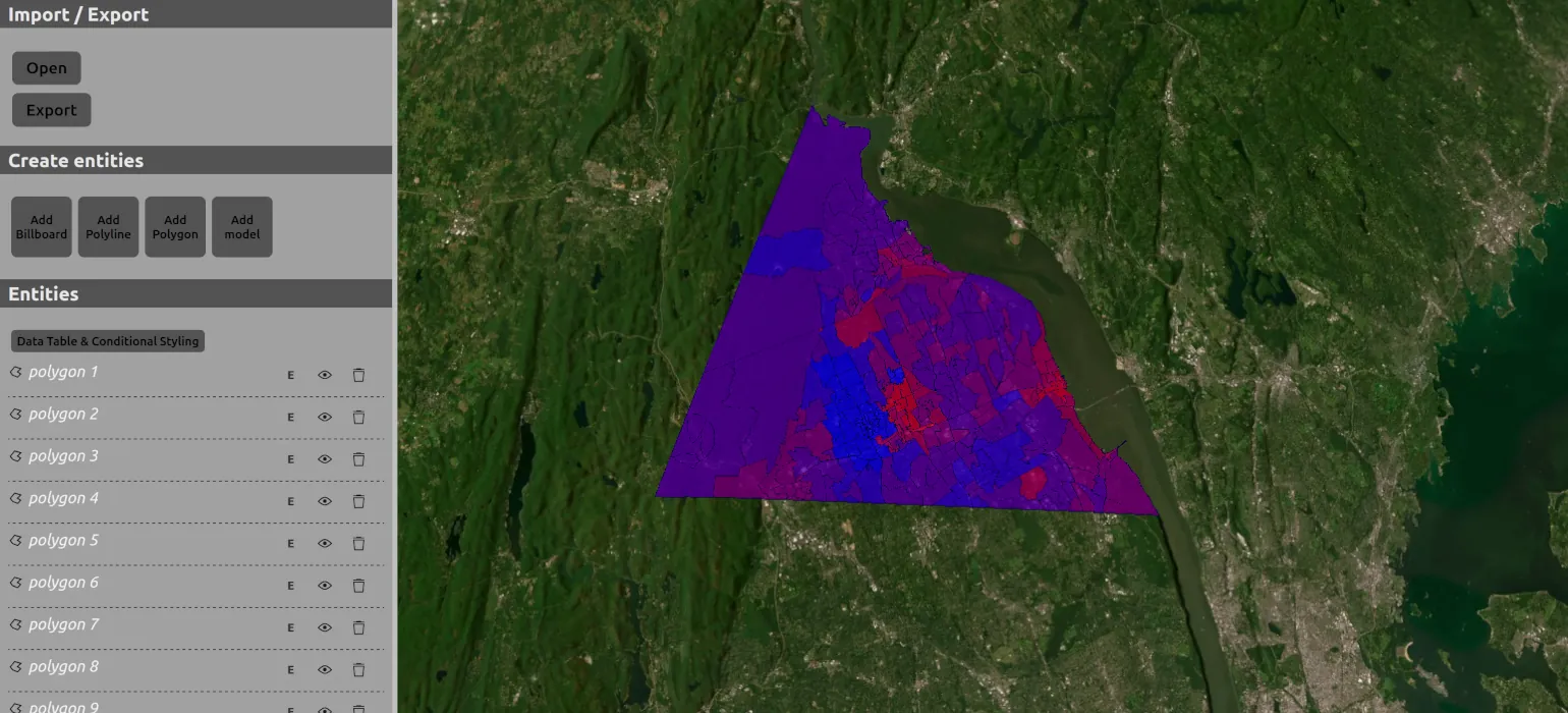 To the right, a satellite imagery map with blue and red gradient polygons drawn over it. To the left, controls for an app, including import/export, create entities, and a list of entities.