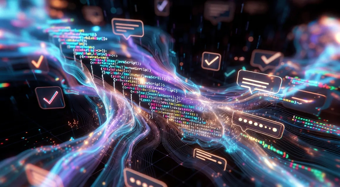 A futuristic 3D rendering of glowing, colorful source code flowing through neon light waves, with floating chat bubbles and checkmark icons.